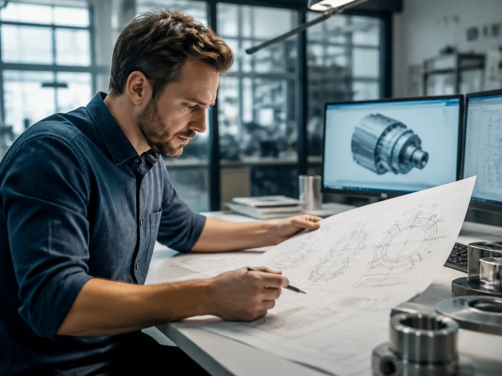 Maskiningenjör granskar en teknisk ritning vid ett CAD-arbetsbord i en industrimiljö
