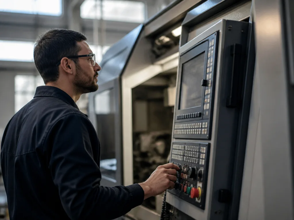 Maskinoperatör övervakar kontrollpanelen till en industrimaskin på en tillverkningsanläggning