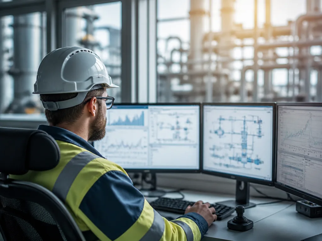 Processingenjör granskar mätvärden och processdata i ett industriellt kontrollrum