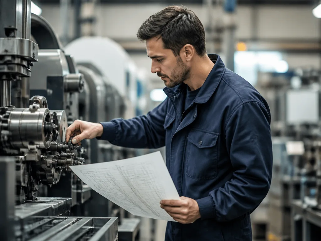 Produktionstekniker studerar en ritning och ställer in en maskin på en industriell produktionslinje