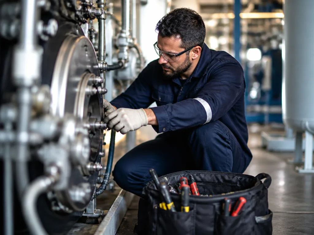 Servicetekniker felsöker teknisk utrustning med verktyg i en industrimiljö