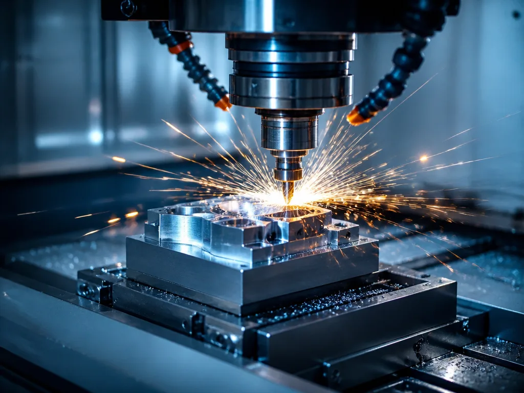CNC-maskin i industriell verkstad som utför skärande bearbetning av metallämne med gnistor som flyger