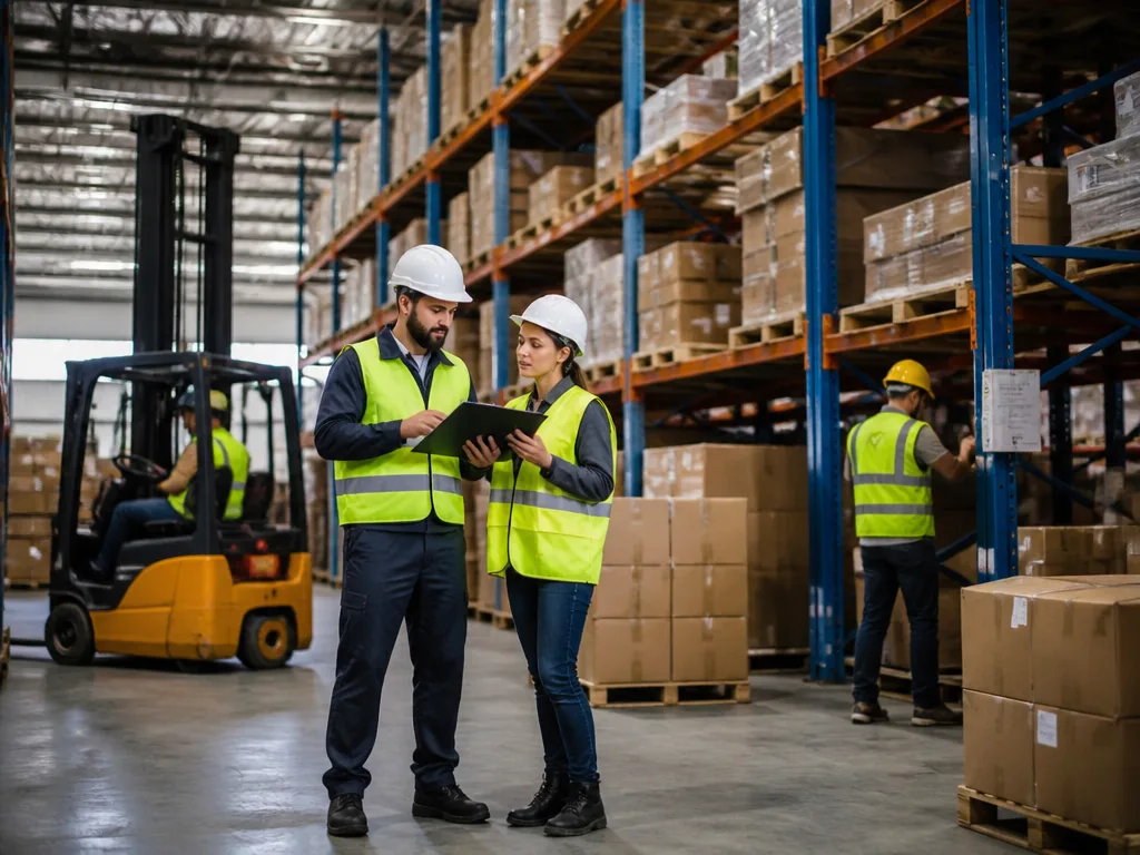 Industriellt lager med truckförarar och logistikoperationer som illustrerar supply chain management