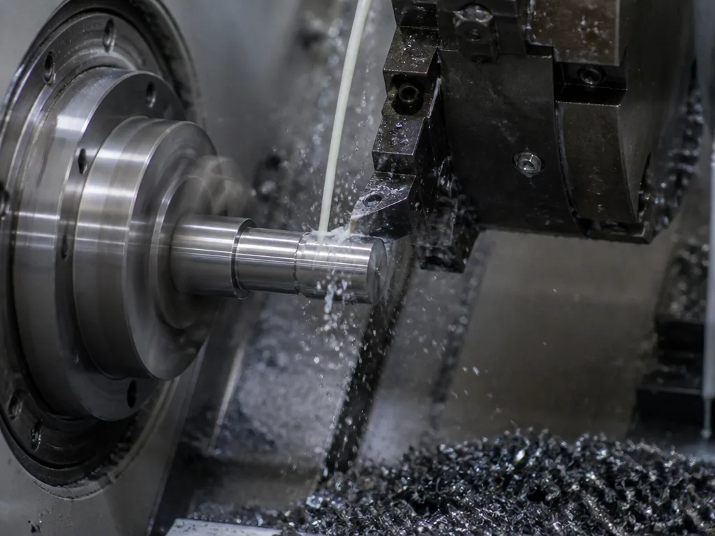 CNC-svarv bearbetar metallarbetsstycke med synliga metallspån och kylvätska i industriverkstad