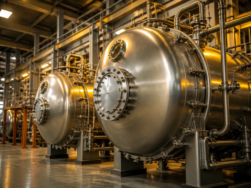 Industriella tryckkärl i rostfritt stål i en modern tillverkningsanläggning