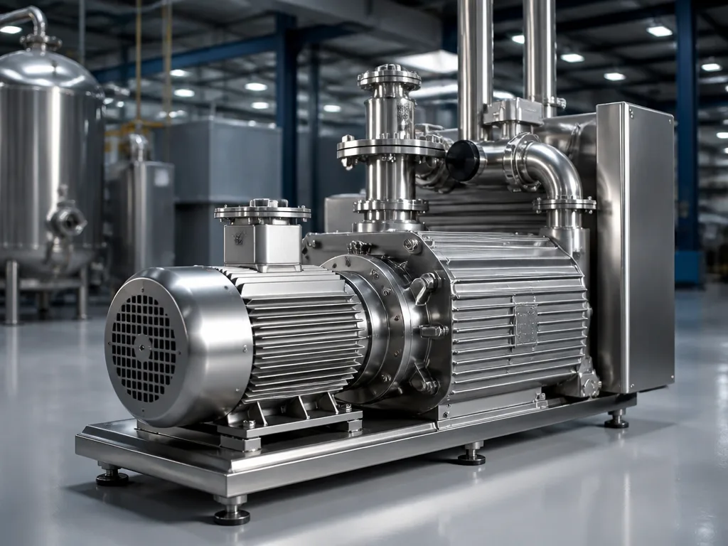 Industriell vakuumpump i tillverkningsanläggning med rostfria stålkomponenter