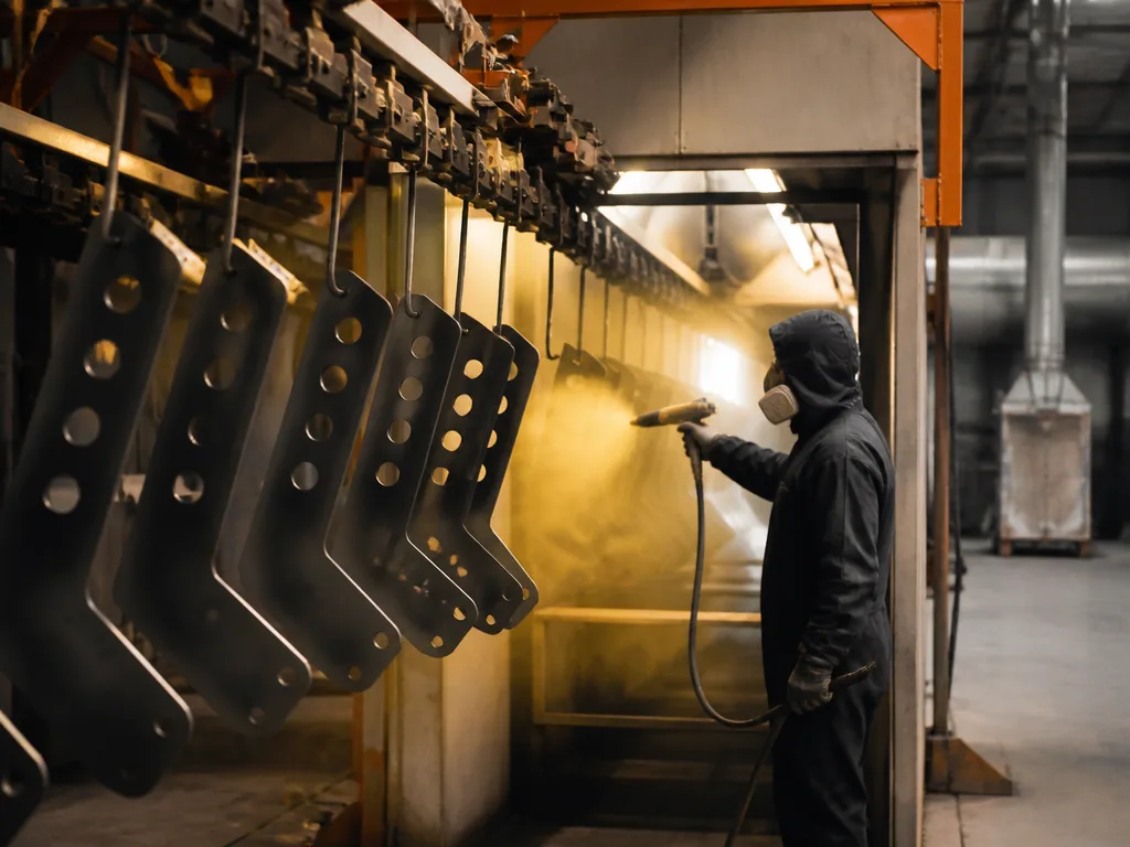 Industriell ytbehandling av metalldetaljer i pulverlackeringsanläggning med sprutkabin och transportband