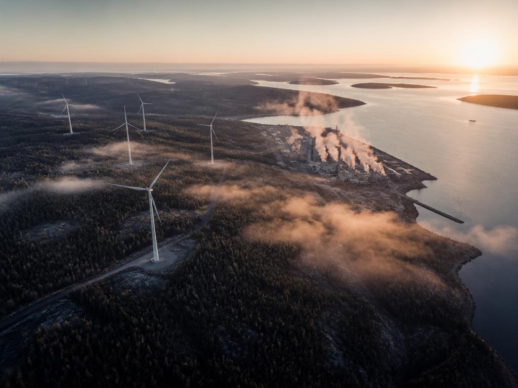 Vindkraftpark vid soluppgång nära pappersbruk