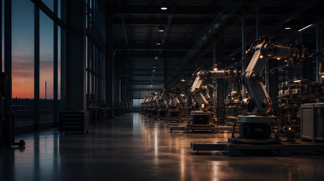 Modern svensk fabrik vid skymning